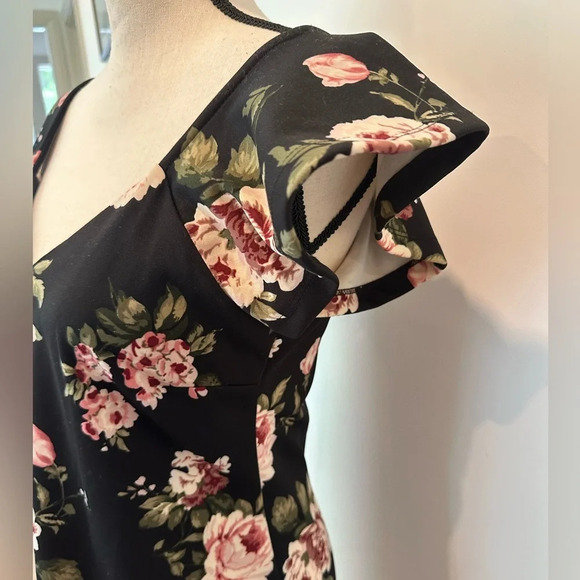 Guilty Floral Black and Pink Midi Dress Bodycon Flutter Sleeve Size Large - Picture 3 of 7